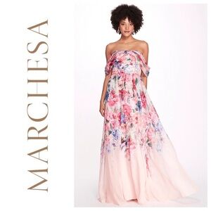 MARCHESA NOTTE Center Knot Chiffon Gown